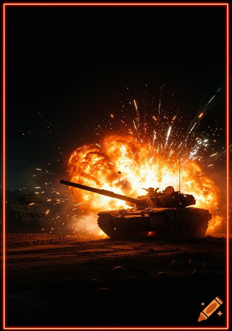 A military tank fires a large explosion at night, amidst sparks and smoke.