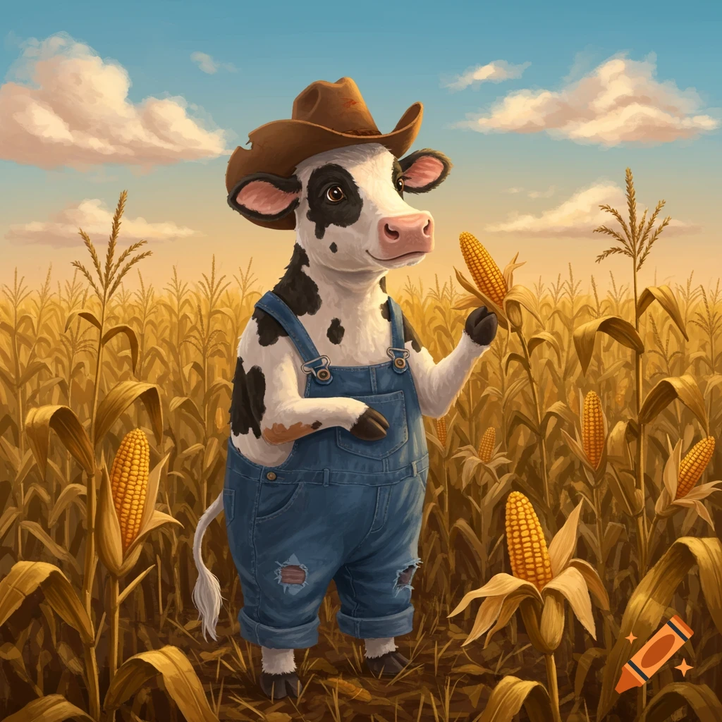 A cartoon cow wearing a cowboy hat and overalls stands in a cornfield, holding and examining an ear of corn.