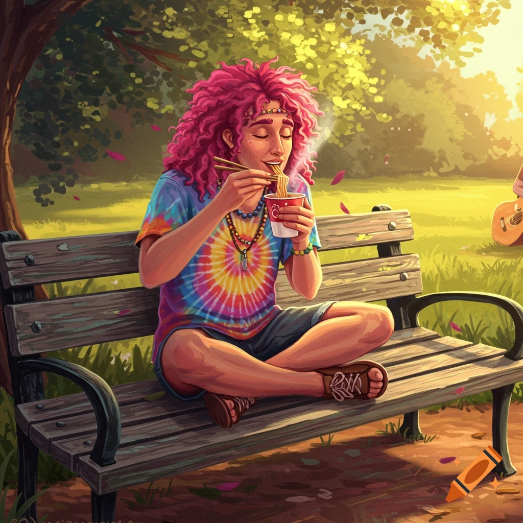 A person with vibrant pink curly hair sits on a park bench, happily eating noodles from a cup with chopsticks.