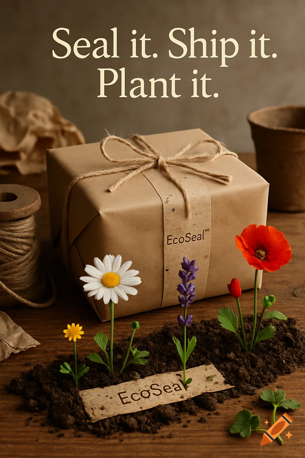 A kraft paper package on a wooden table with wildflowers growing from soil. Text: 'Seal it. Ship it. Plant it.' and 'EcoSeal'.