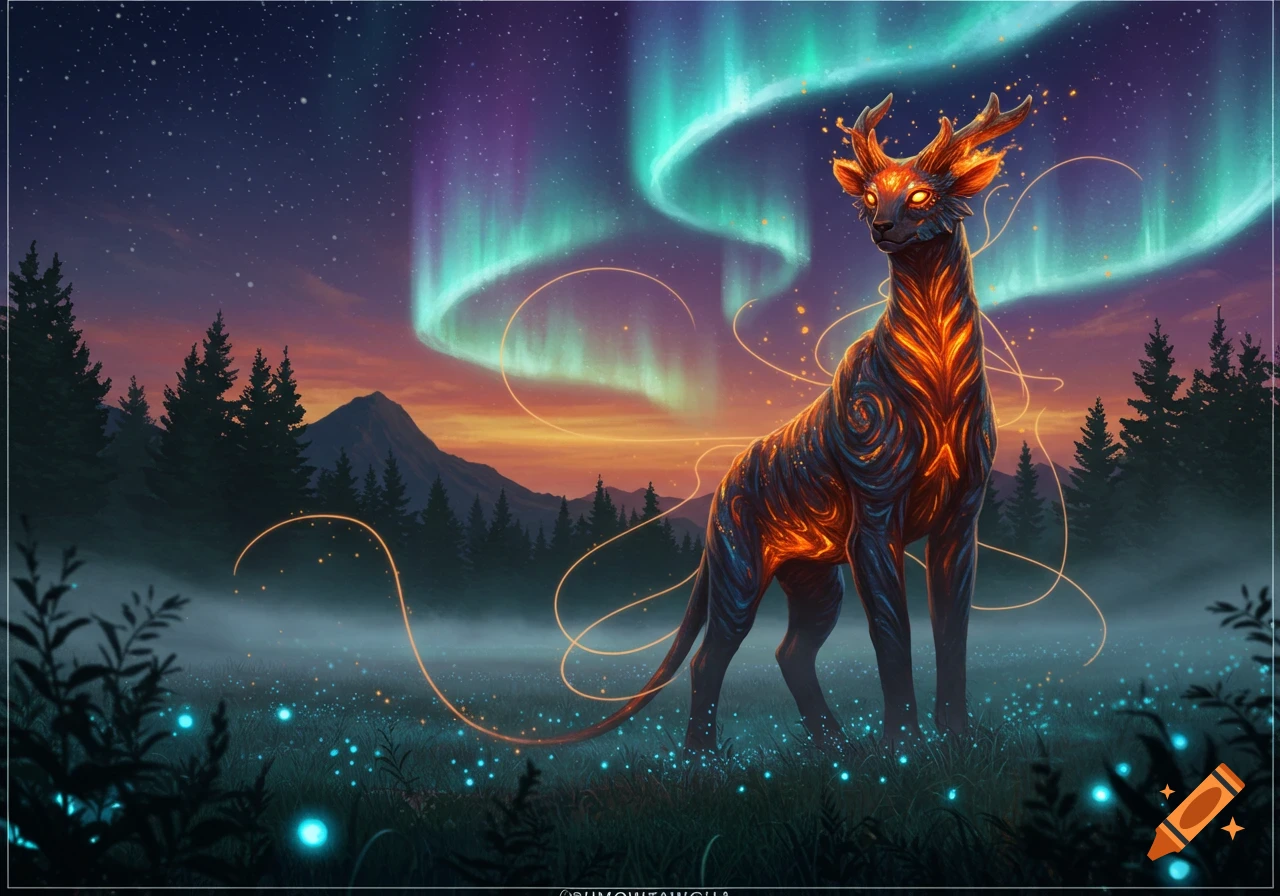 A glowing deer-like creature stands in a misty forest field under vibrant aurora borealis.