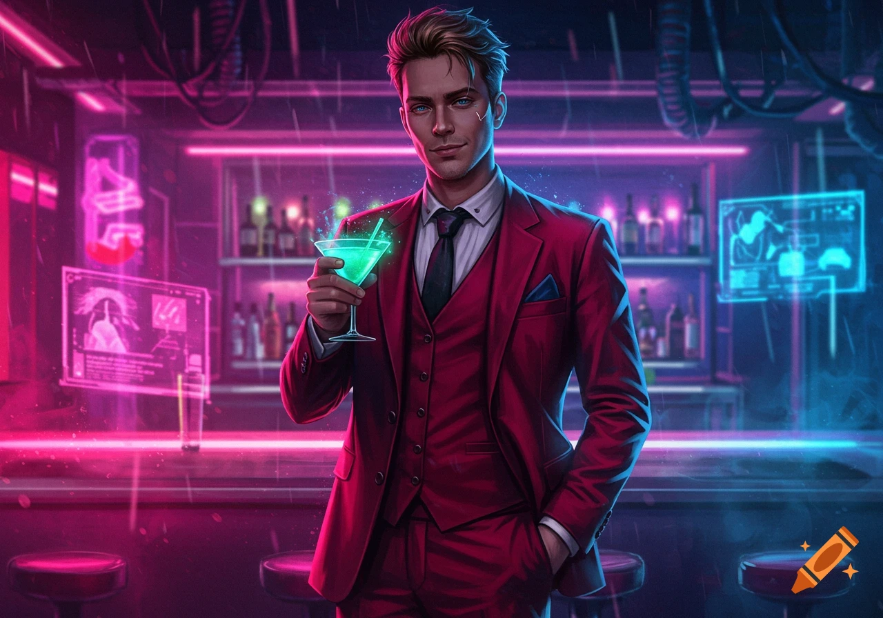 A handsome man in a red suit holds a glowing green cocktail in a neon-lit cyberpunk bar.