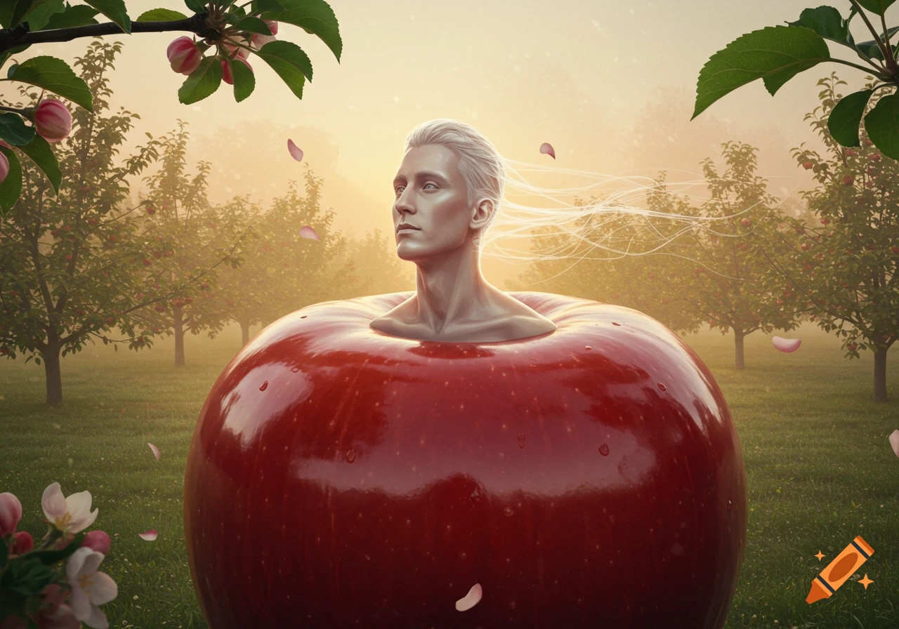 A man's head and neck emerge from a giant red apple in a misty orchard, surreal art.