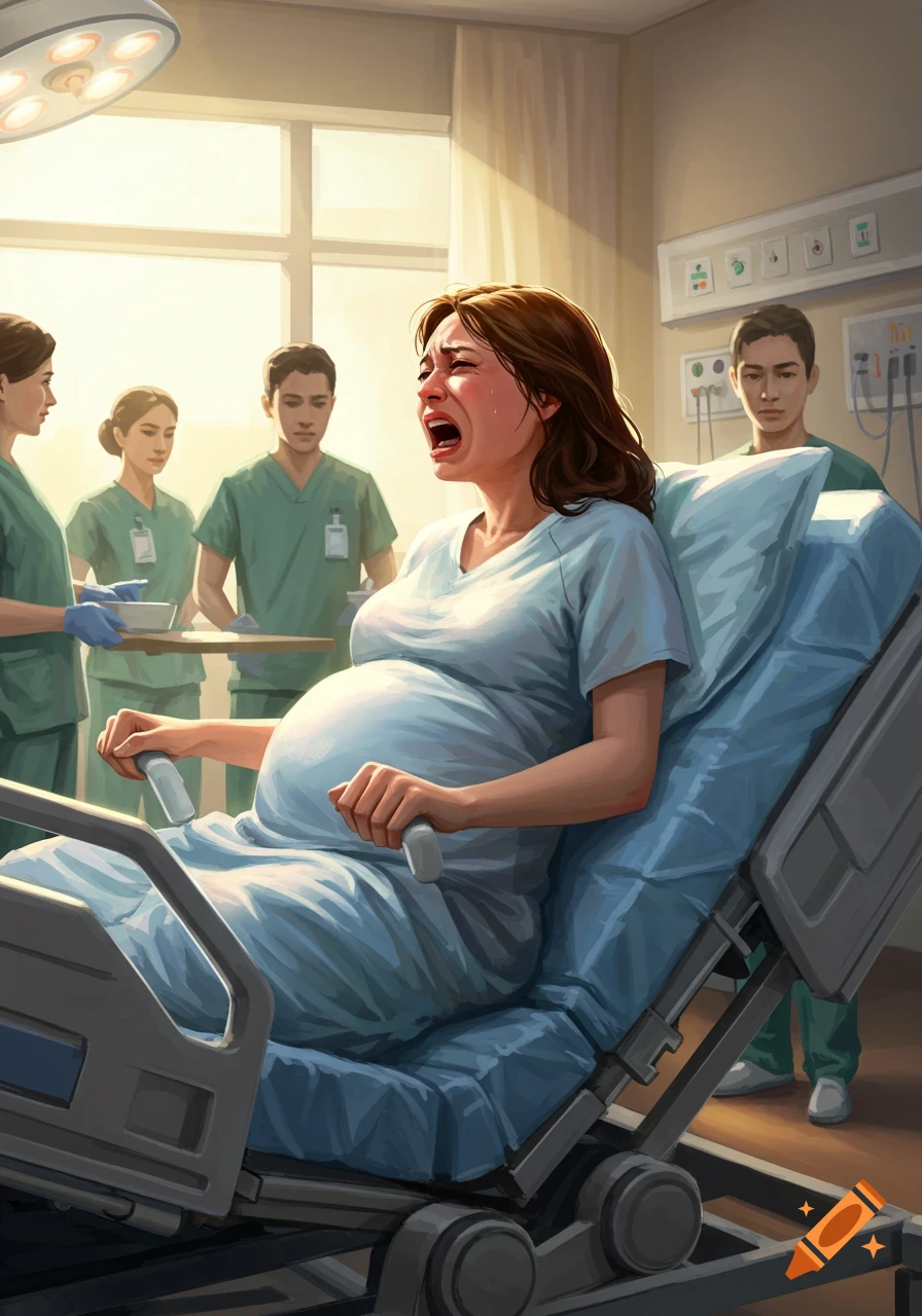 A pregnant woman grimaces in pain while lying in a hospital bed, surrounded by medical staff in a bright room.