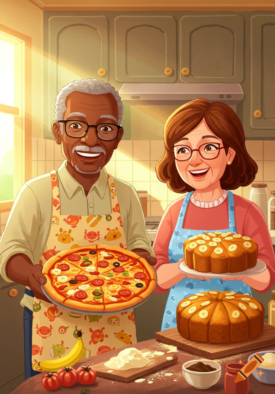 A happy black grandpa holding a pizza and a white grandma holding a banana cake in a cartoon kitchen.