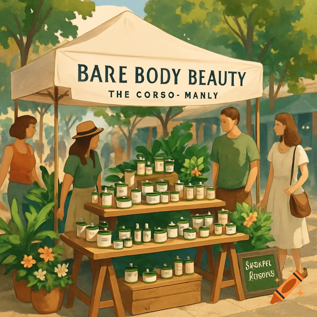 A vibrant outdoor market stall with a 'Bare Body Beauty' banner, displaying numerous skincare products. People browse the natural goods on wooden tables, amidst plants, in a painted style.