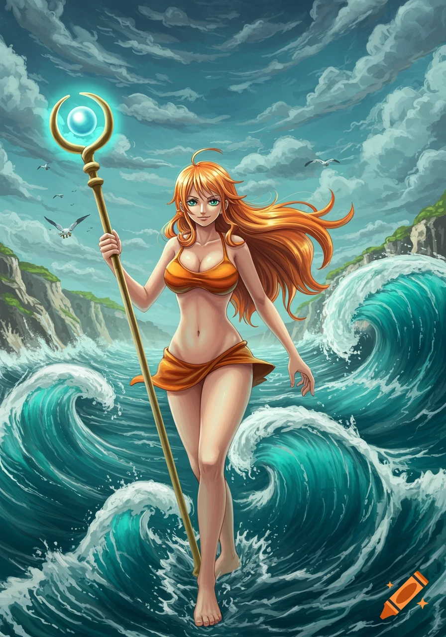 An anime woman with long orange hair and green eyes, wearing an orange bikini, stands in a stormy sea holding a glowing staff. Large waves crash around her, with rocky islands and a cloudy sky in the background.