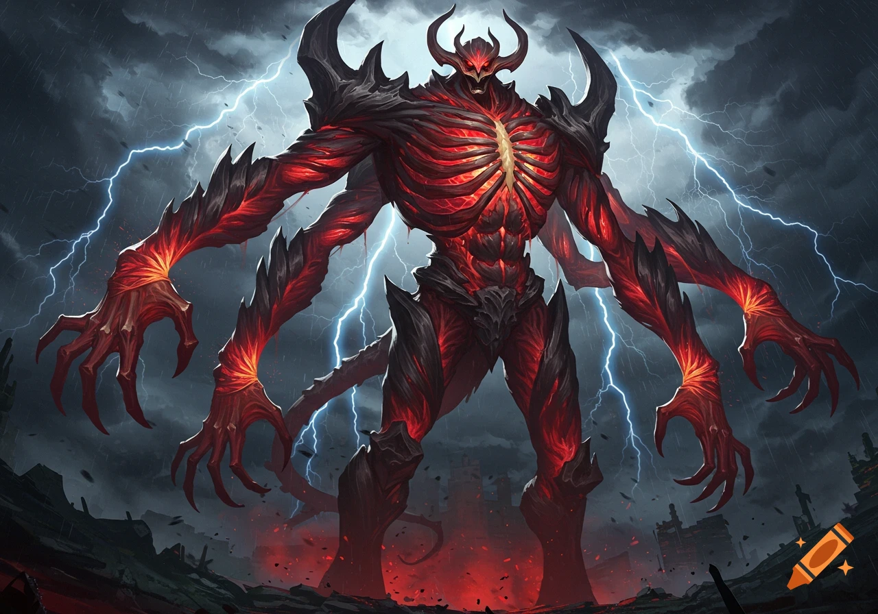 A large, demonic red and black titan with multiple arms and exposed ribs, standing in a stormy, lightning-filled landscape.