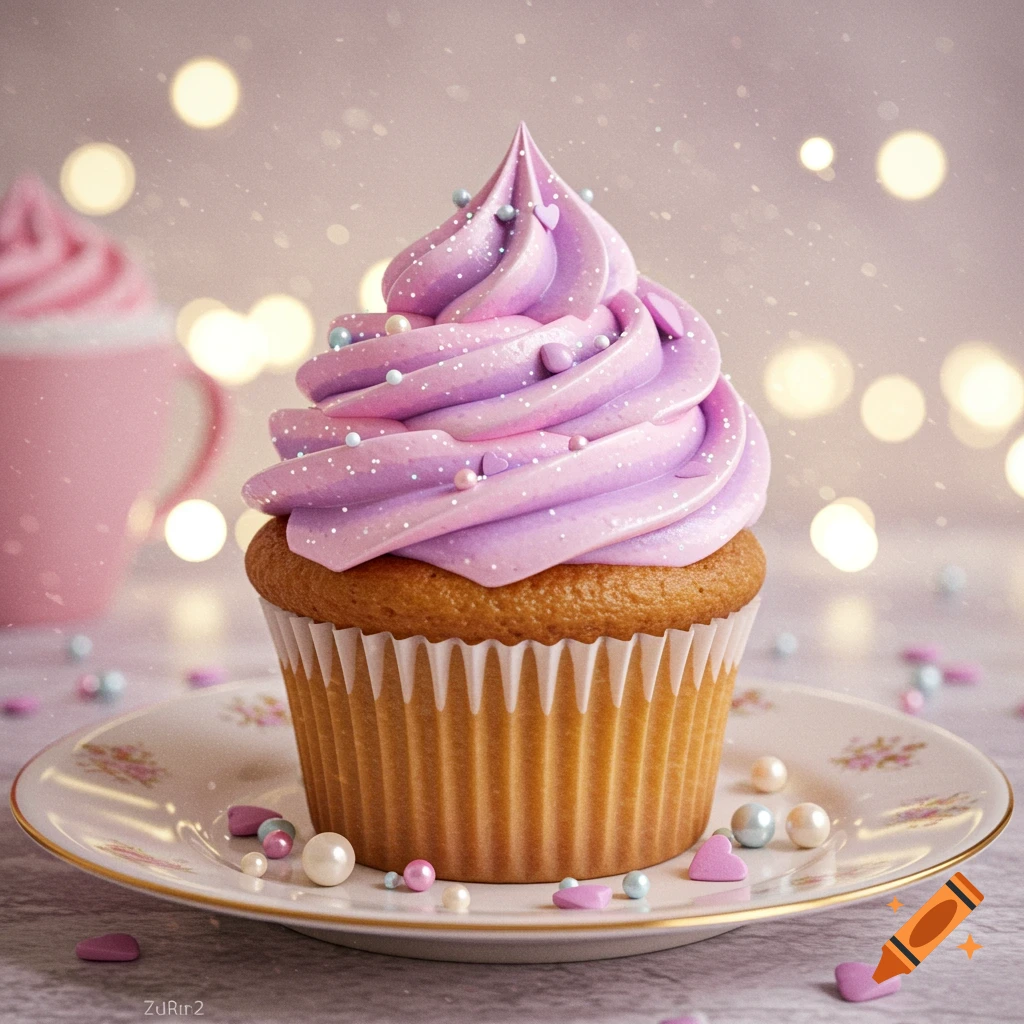 A vanilla cupcake with purple frosting and colorful sprinkles on a decorative plate.
