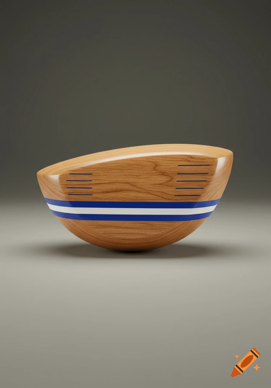 A polished wooden golf club head with blue and white stripes and blue alignment lines on a gray background.