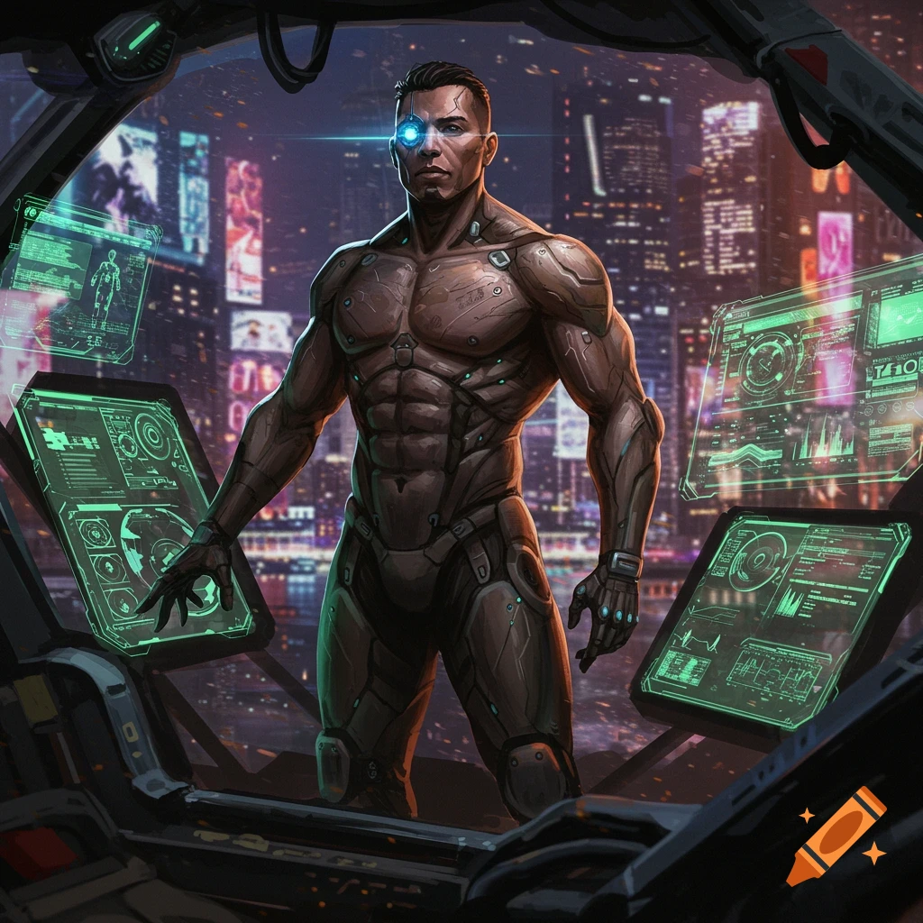 A cyber soldier with a glowing blue cybernetic eye and mechanical suit stands in a futuristic city cockpit with glowing green data screens.