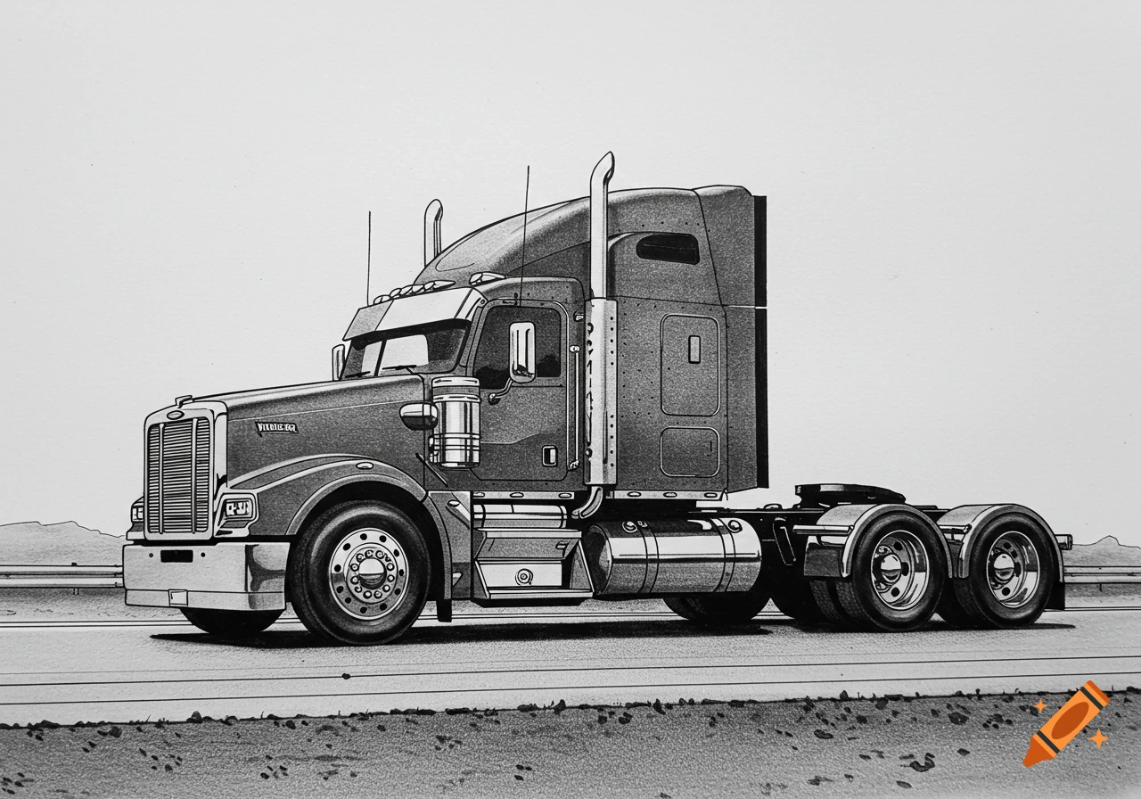 A detailed black and white side view illustration of a semi-truck on a road.