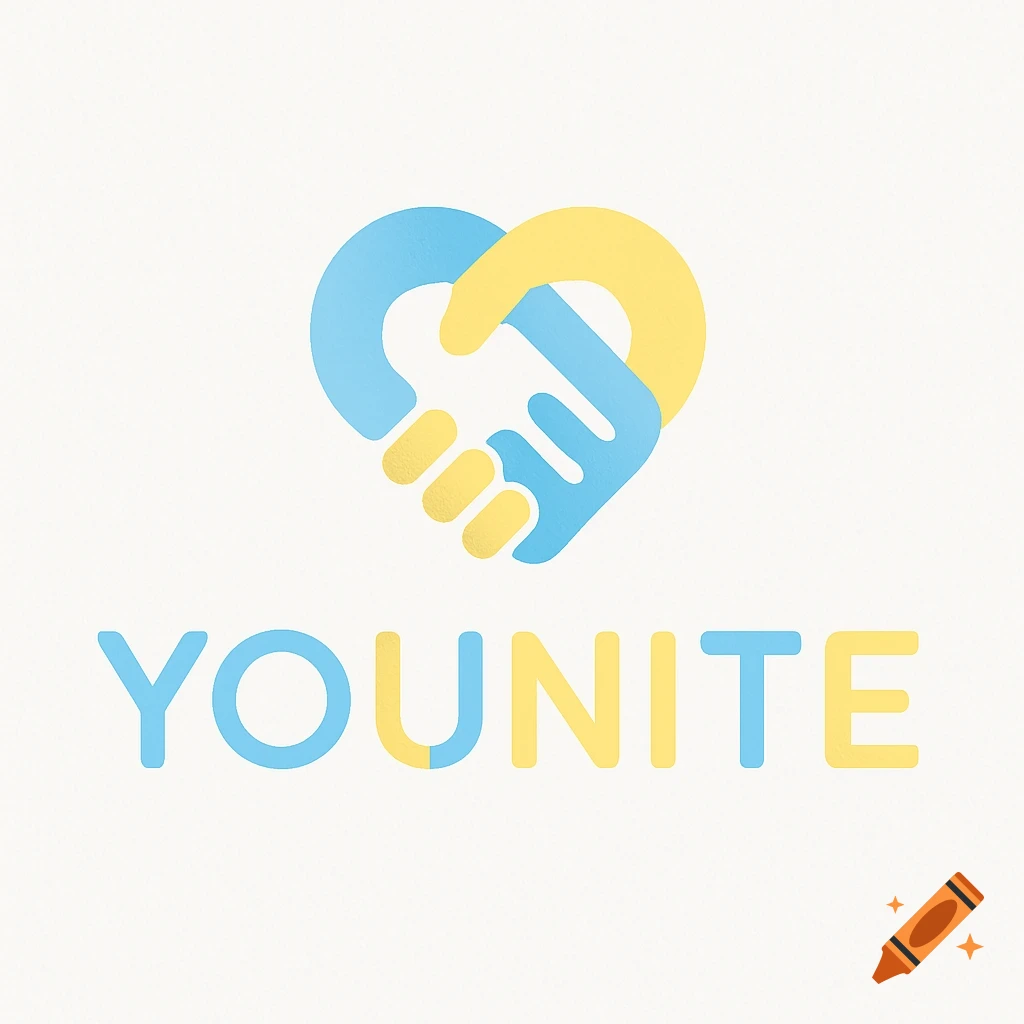 A logo with two stylized hands, one blue and one yellow, forming a heart shape above the word YOUNITE, on a white background.