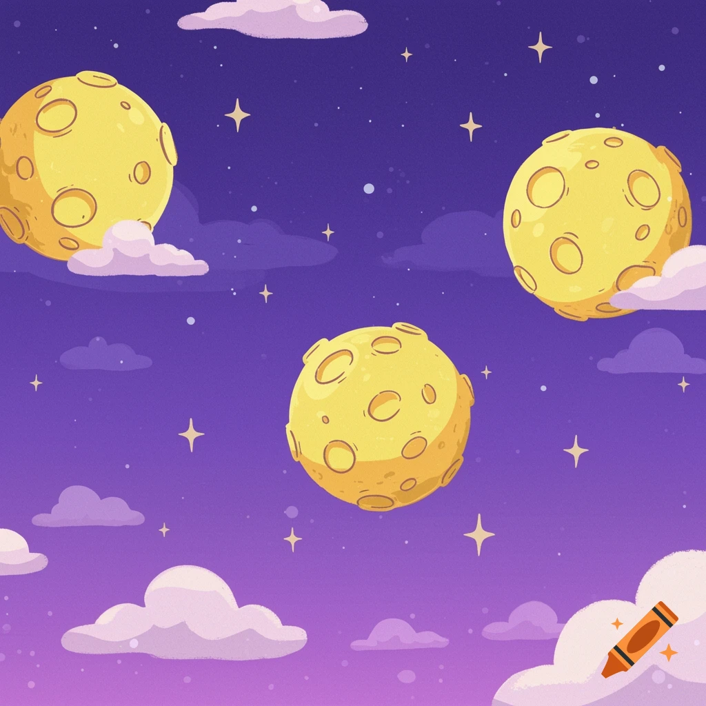 Three yellow cartoon moons in a vibrant purple night sky with stars and white clouds.