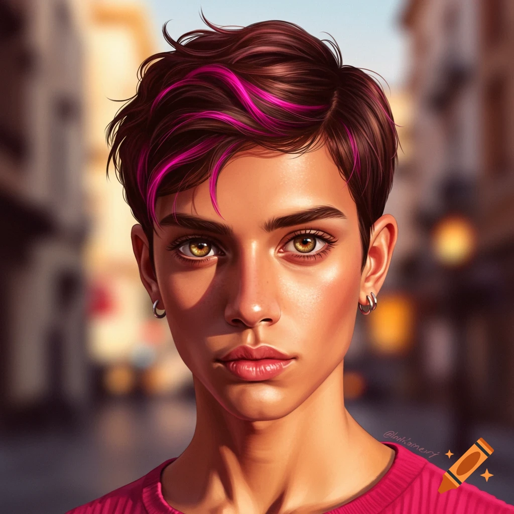 A digital art portrait of a person with short brown hair and hot pink streaks, hazel eyes, and slightly tan skin, against a blurred street background.