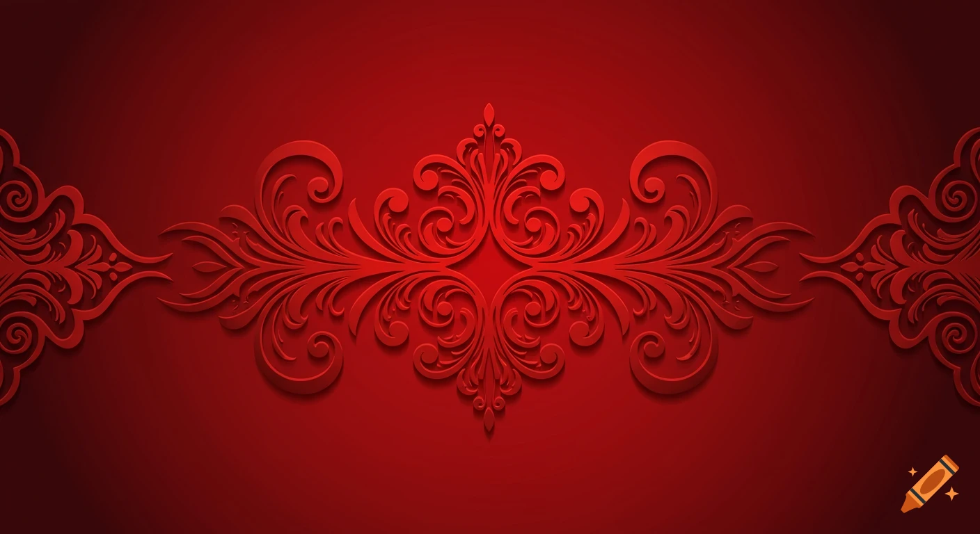 A vibrant red background with an intricate, embossed floral scrollwork design across the center.