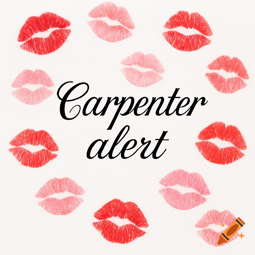 A white background with red and pink lipstick kiss marks surrounding the black text 'Carpenter alert' in a decorative script.