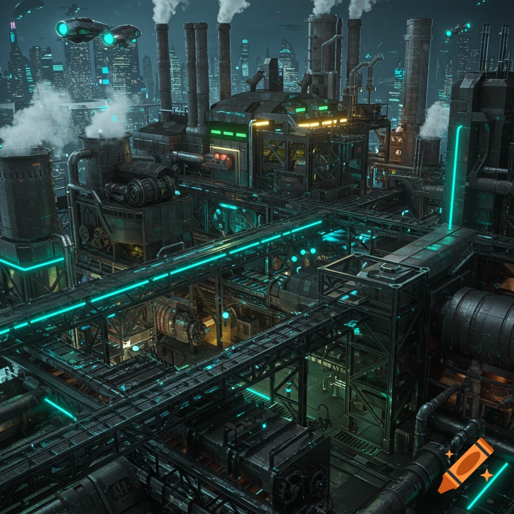 A highly detailed, stylized futuristic factory with glowing neon lights and smoke stacks, set against a cyberpunk city skyline.