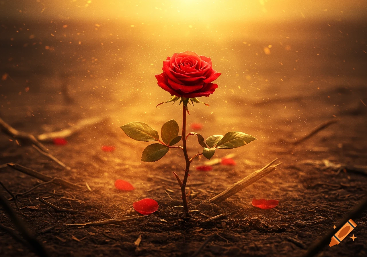 Vibrant red rose blooming alone in dry, cracked earth under a bright golden light with dust motes.