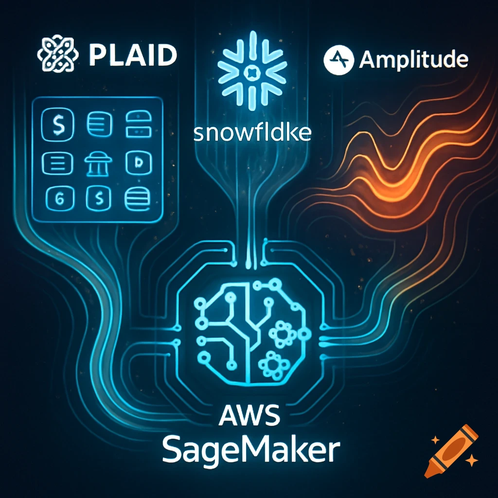 Blue and orange glowing diagram showing data flowing from Plaid, Snowflake, and Amplitude into AWS SageMaker.