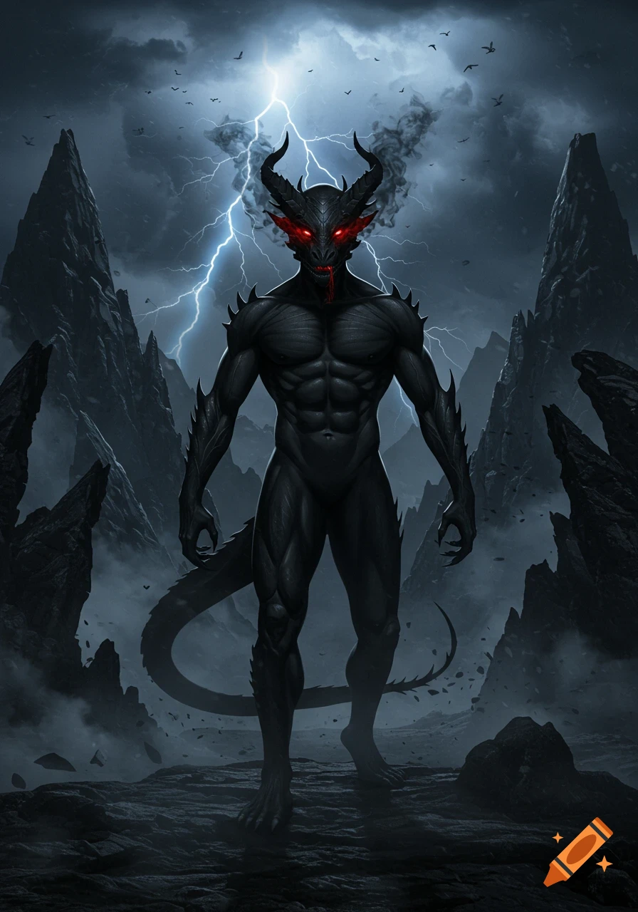 A majestic, dark, horned creature with glowing red eyes stands on a rocky landscape under a stormy sky with lightning.