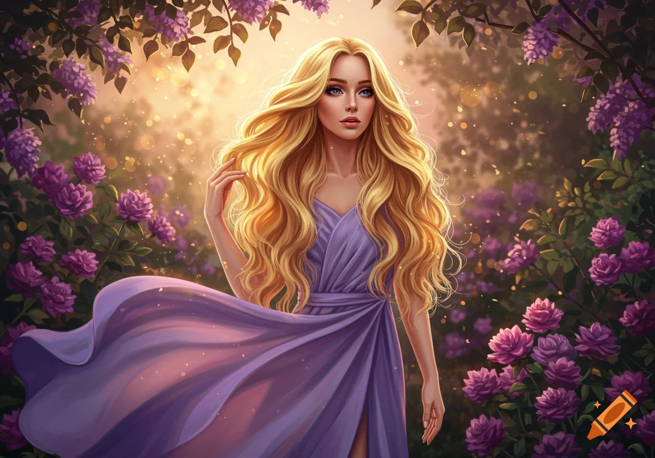 A blonde woman in a purple dress stands in a magical garden with purple flowers and glowing light.
