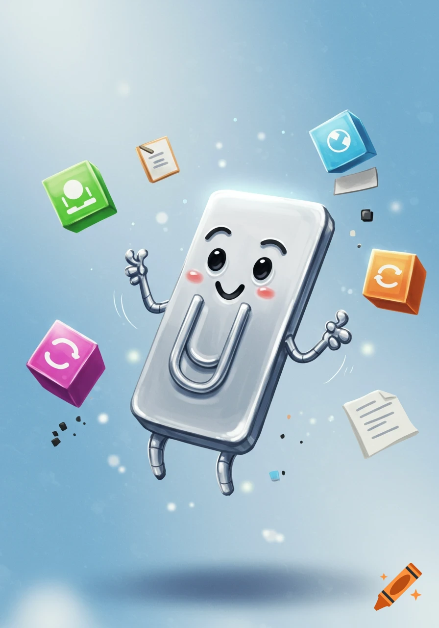 A cheerful, animated paperclip character named Clippy floats in a blue sky surrounded by colorful software icons and papers.