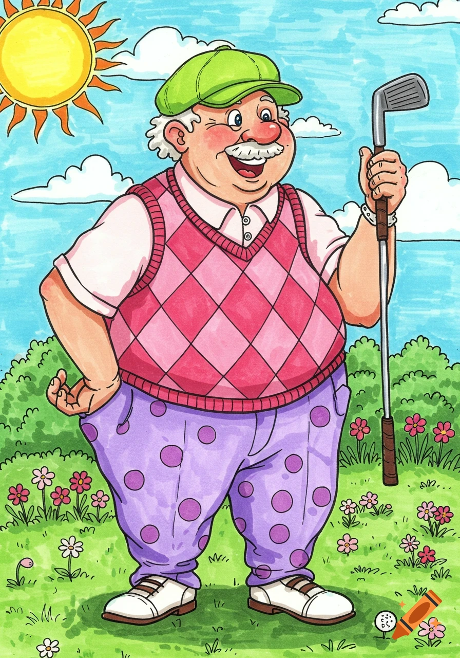 A cartoon illustration in coloring book style shows a smiling grandpa in a pink argyle vest and purple polka-dot pants, holding a golf club on a sunny green golf course.