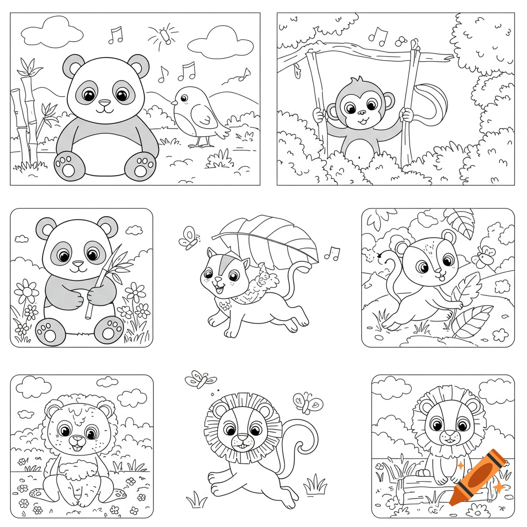 Six black and white line art illustrations of cute animals in a children's coloring book style.