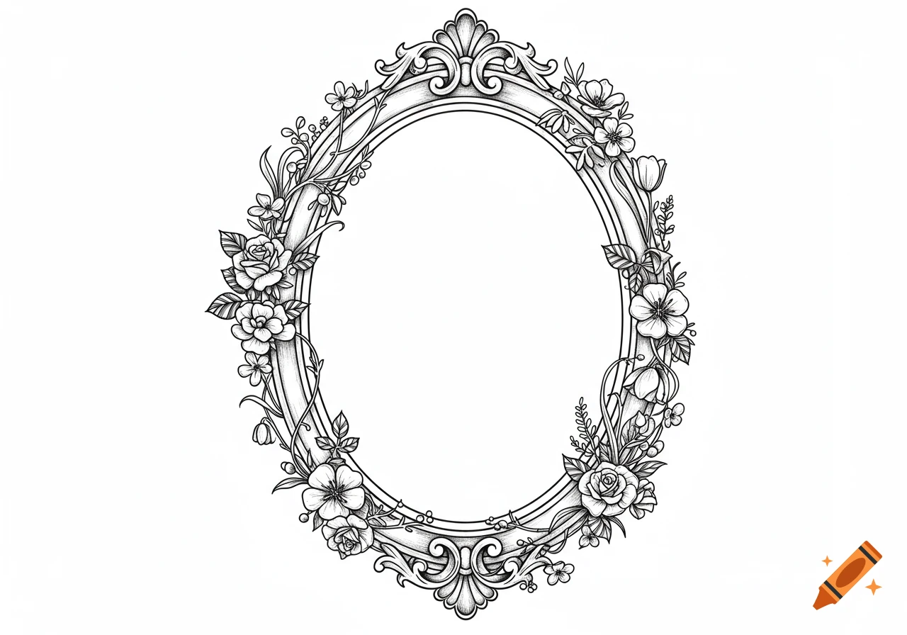 Black and white line art of an ornate oval frame surrounded by roses, tulips, and wildflowers.