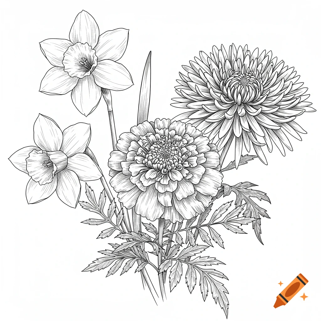 Black and white line drawing of a bouquet of daffodil, marigold, and chrysanthemum flowers.
