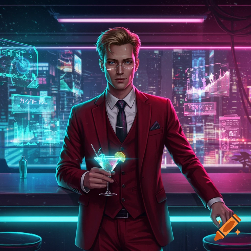 A handsome man in a red suit stands at a cyberpunk bar holding a glowing blue cocktail.
