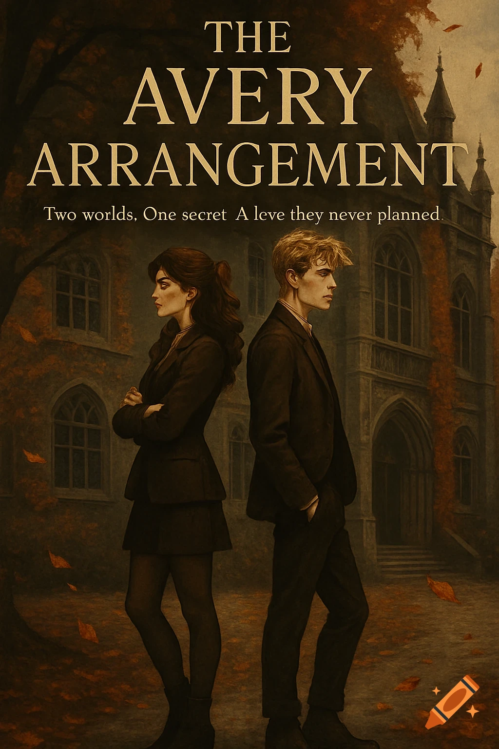 An illustrated book cover showing a man and a woman standing back to back in front of a Gothic building with autumn leaves. The title "The Avery Arrangement" is at the top.
