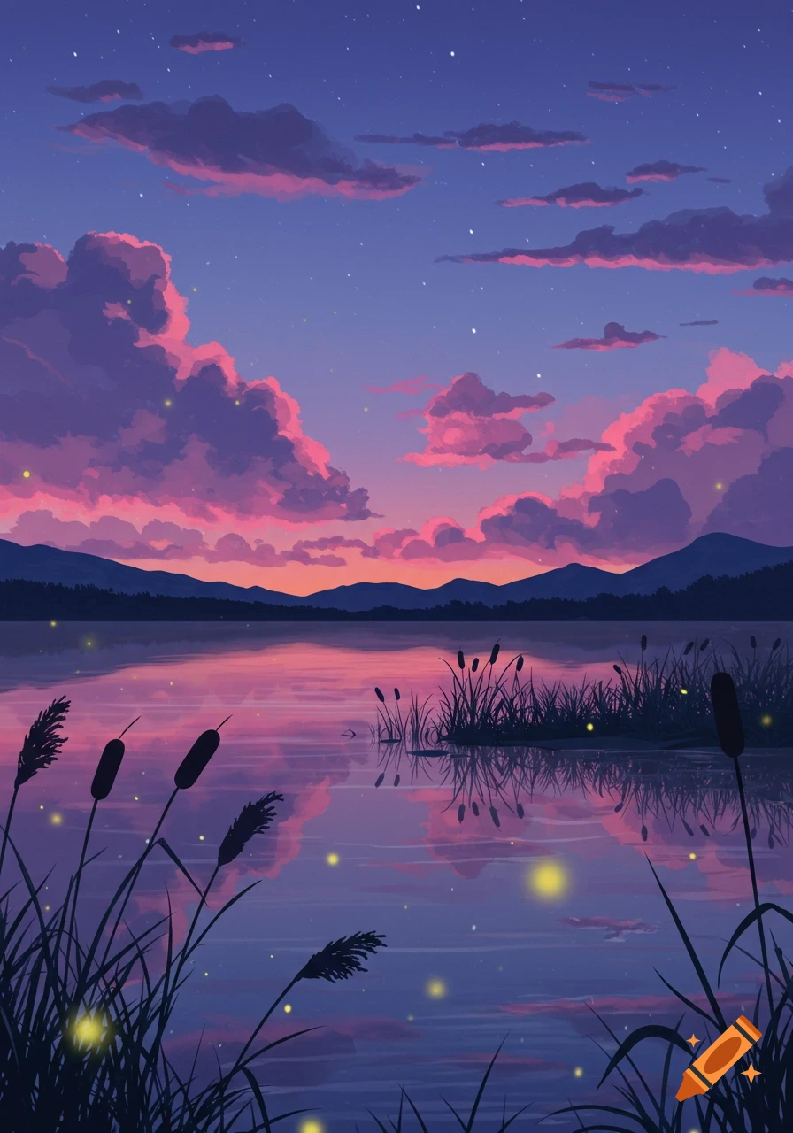 Illustrated twilight landscape with pink and purple clouds reflecting on a calm lake, silhouetted mountains, and fireflies.