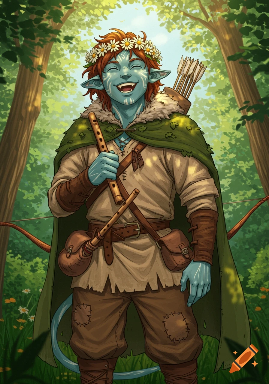 A joyful firbolg ranger with blue skin and a daisy crown laughs in a sunlit forest, holding a flute.