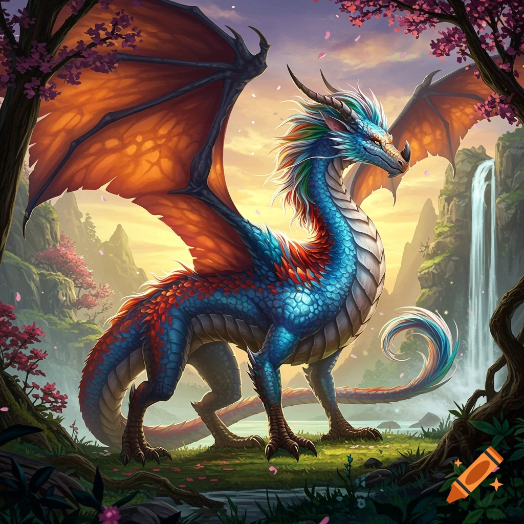 A majestic dragon with blue and red scales, large orange wings, and a colorful mane and tail stands in a lush landscape with cherry blossoms and a waterfall.