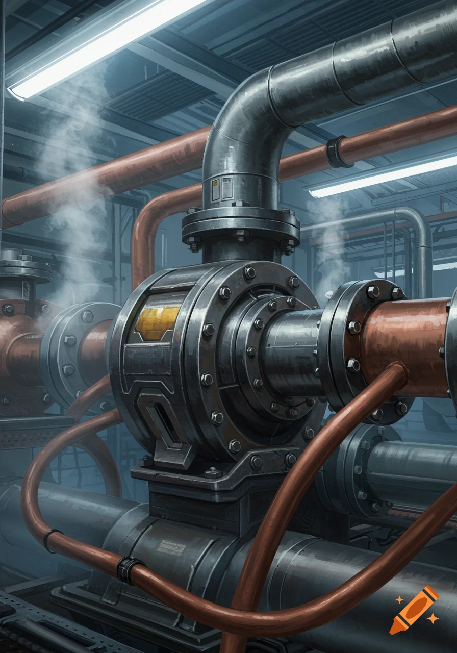 Close-up of a detailed industrial pump and pipes in a mechanical system, with steam rising.