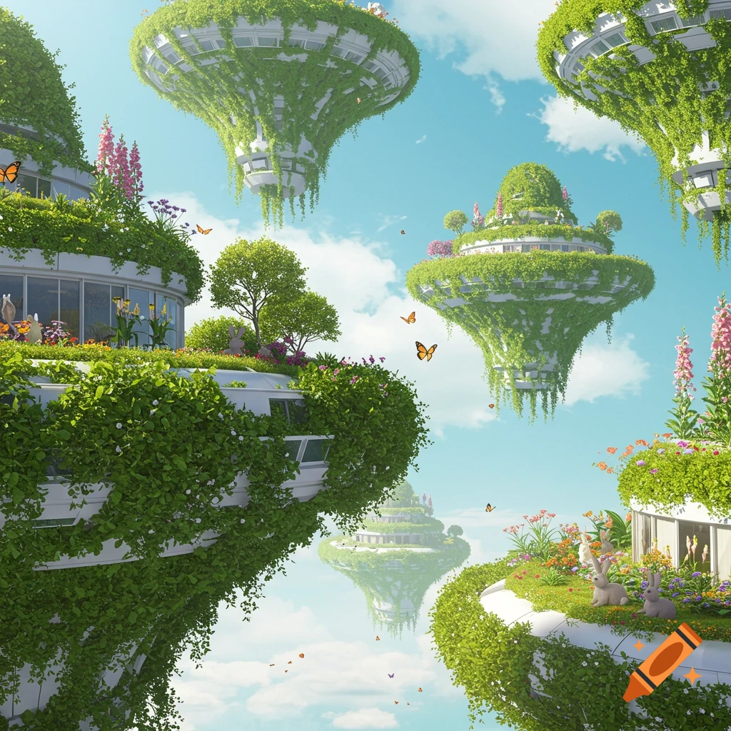 Floating, futuristic buildings covered in lush green vegetation and colorful flowers, with bunnies and butterflies, set against a blue sky.