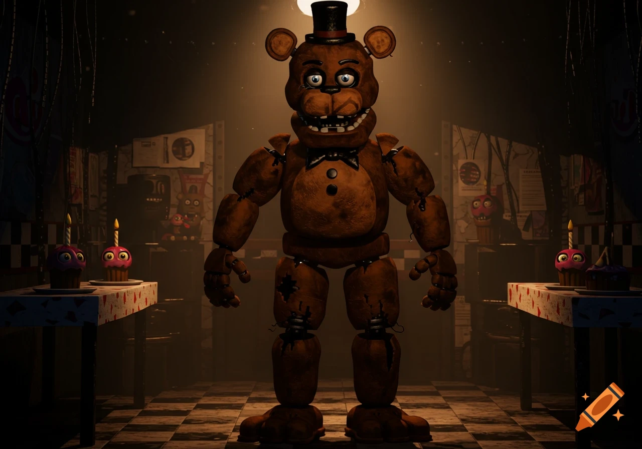 Freddy Fazbear, a brown animatronic bear with a top hat and bowtie, stands in a dark, abandoned-looking pizzeria with dim lighting and cupcakes on tables.