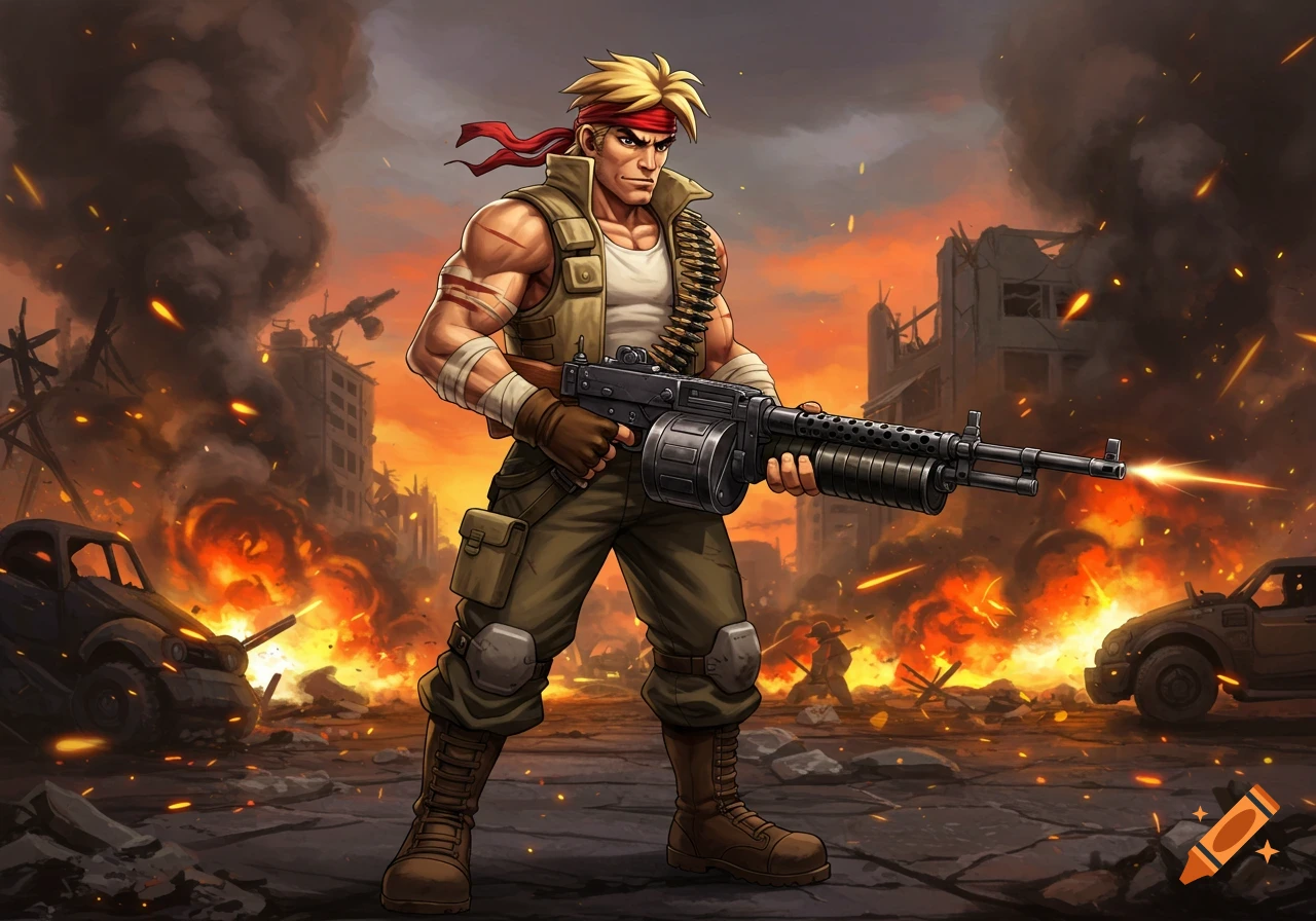 Anime-style soldier Marco Rossi with a machine gun in a burning, war-torn city.