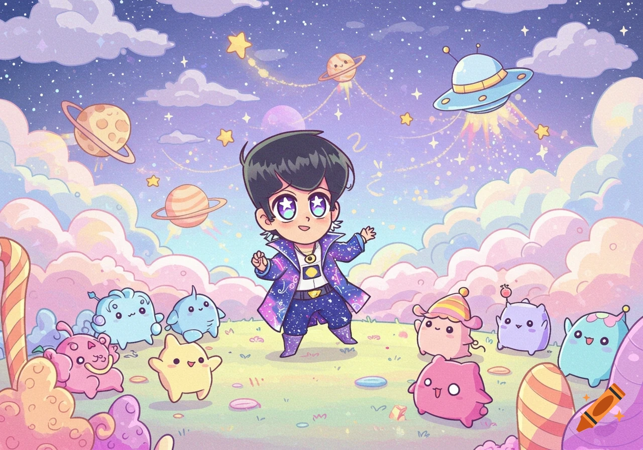 Chibi character in a sparkly space coat with cute creatures, planets, and UFOs in a pastel, dreamy landscape.