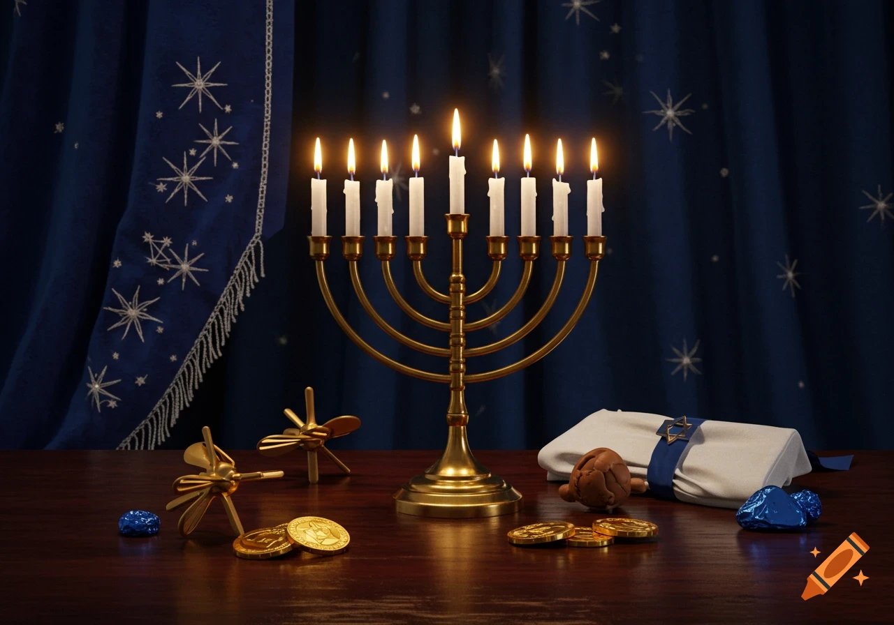 A photorealistic image of a lit golden menorah on a wooden table with gelt, dreidels, and a gift, set against a blue curtain with stars.