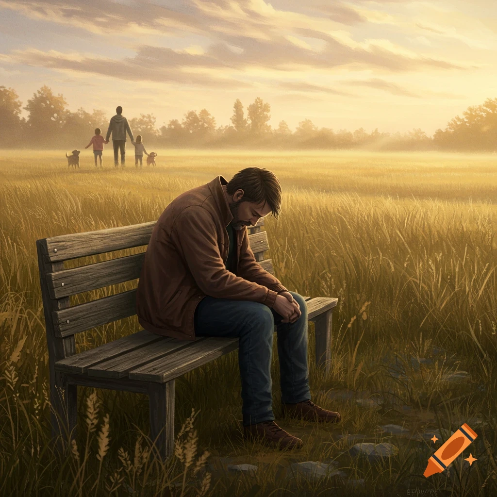 A man sits sadly on a wooden bench in a golden field, looking down as a family walks away in the misty distance at sunset.