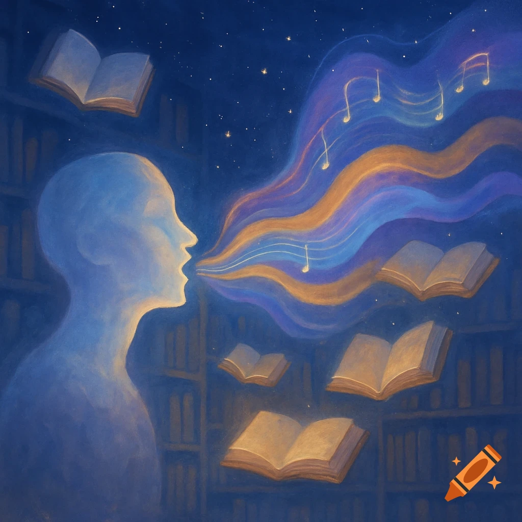 A person's silhouette emits colorful musical waves and floating open books in a starry library setting, depicting voice as art.