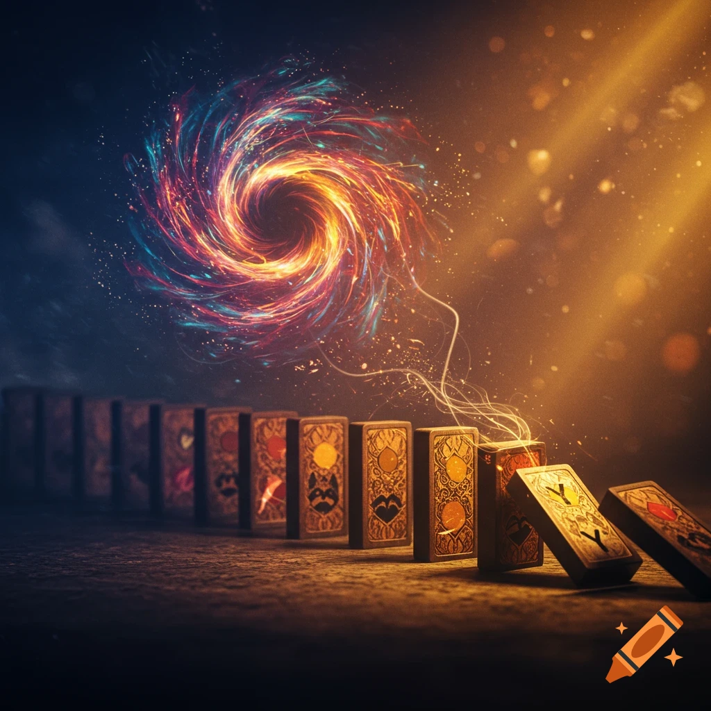A vibrant, colorful energy vortex swirls above a line of falling golden domino cards on a dark, textured surface, with light rays emanating from the cards.