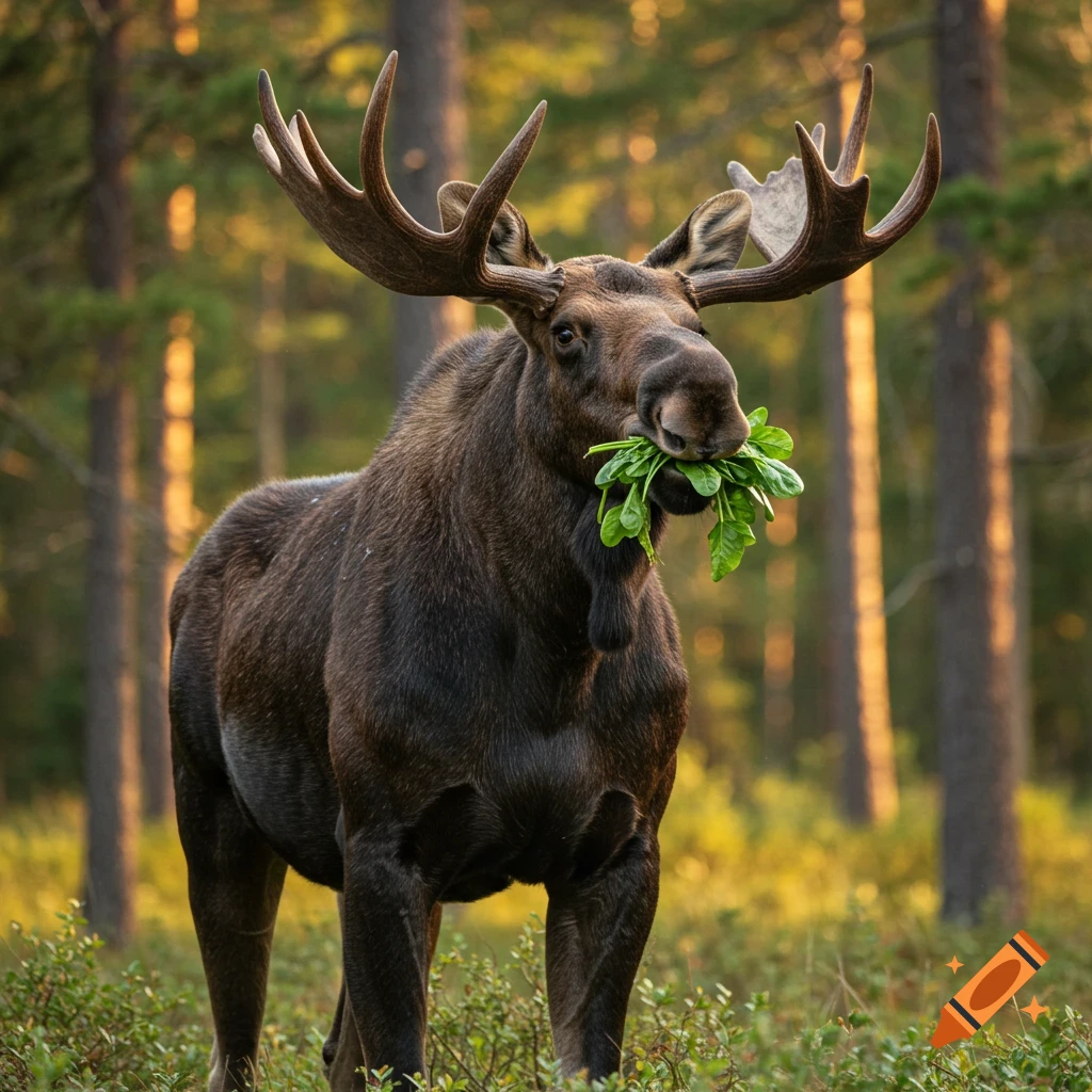A large, dark brown moose with prominent antlers stands in a sunlit forest, chewing a mouthful of green spinach leaves.