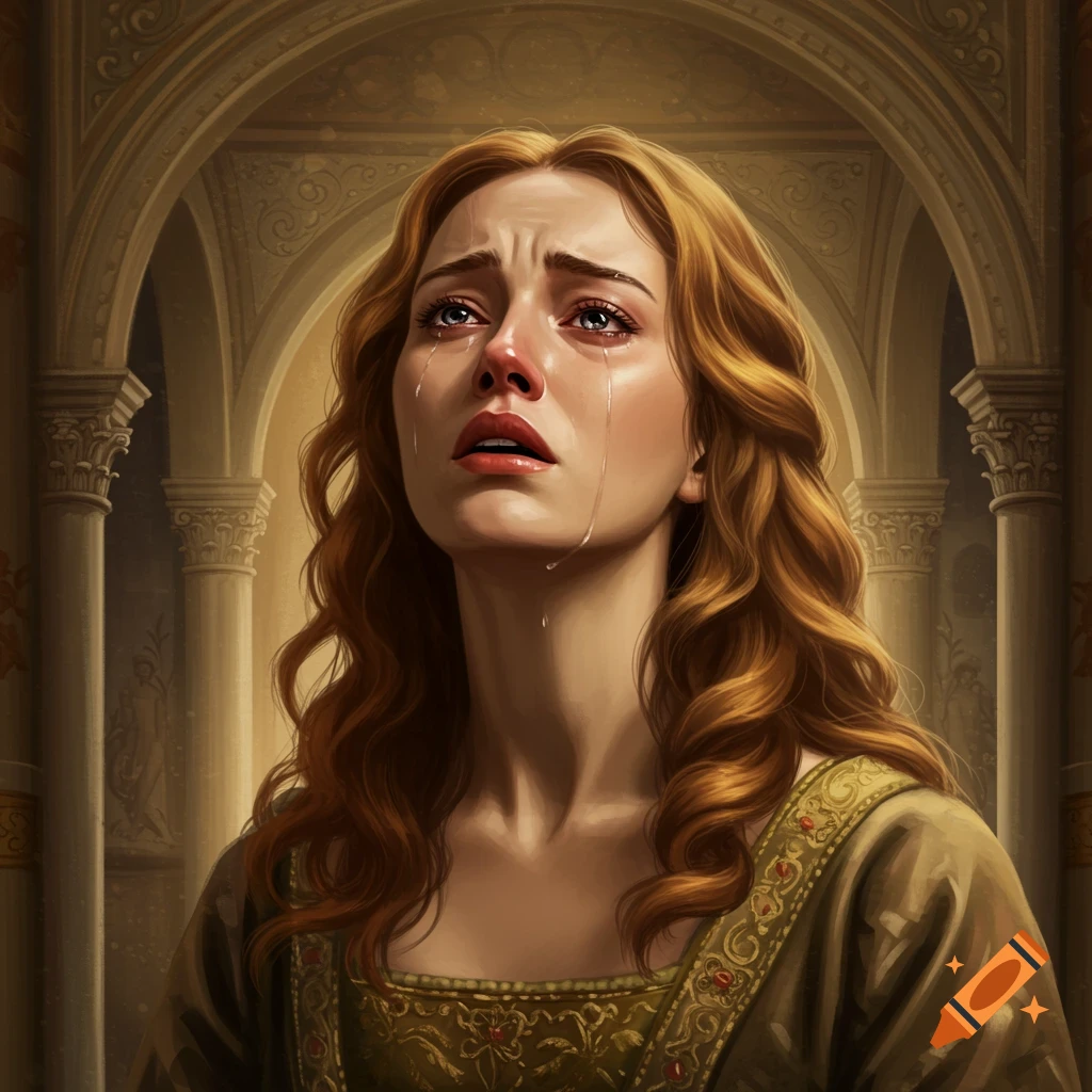 Renaissance style portrait of a woman with red hair crying, looking up with tears streaming down her face.