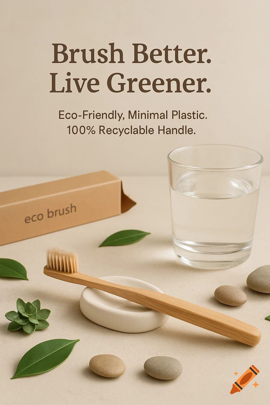 A bamboo toothbrush on a ceramic holder next to a glass of water, green leaves, and pebbles, with text promoting eco-friendly living.