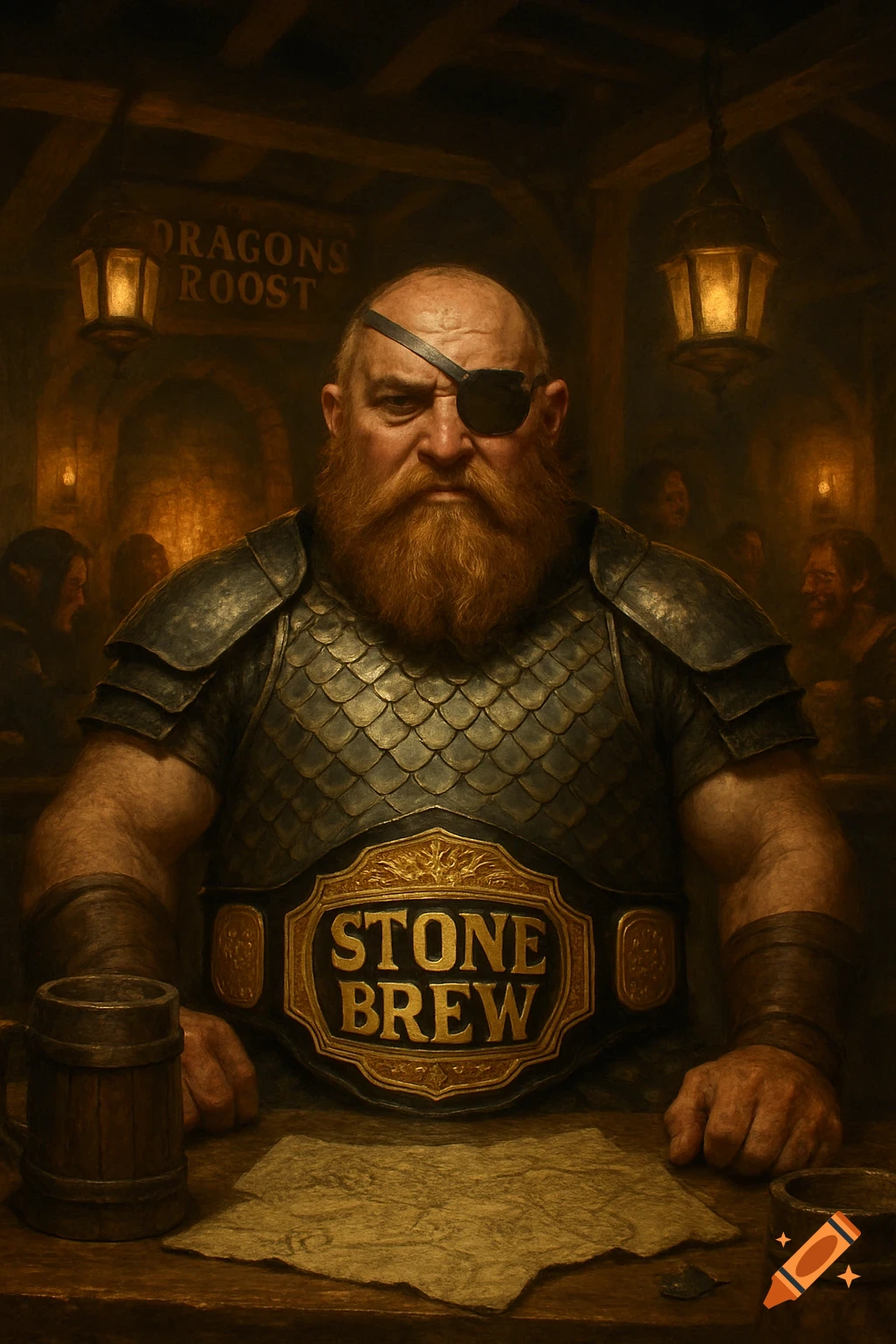 A one-eyed, red-bearded dwarf in scale mail and a 'STONE BREW' championship belt sits at a table in a dimly lit tavern called Dragons Roost, a wooden mug beside him, in a detailed painting style.