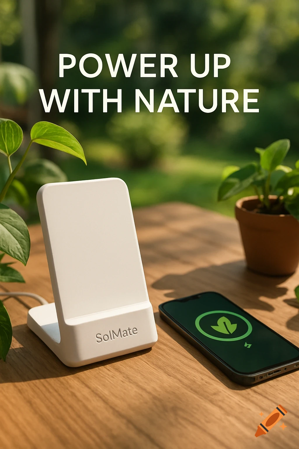 White "SolMate" wireless phone charger and smartphone with a leaf charging icon on a wooden table outdoors surrounded by green plants.